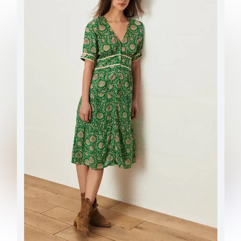 ba&sh Plume Print Midi Lady Dress in Green and Tan Sz Small US 4